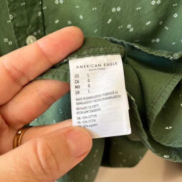 American Eagle Men Sz L Button Up Shirt Green Geometric Long Sleeve Standard Fit - Picture 7 of 8